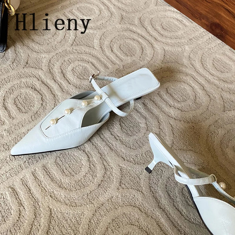 Hlieny Fashion Pearl Buckle Strap Pumps Women Mules Slipper Cozy Leather Pointed Toe Ladies Shoes er Low Thin Heels Slides 250107