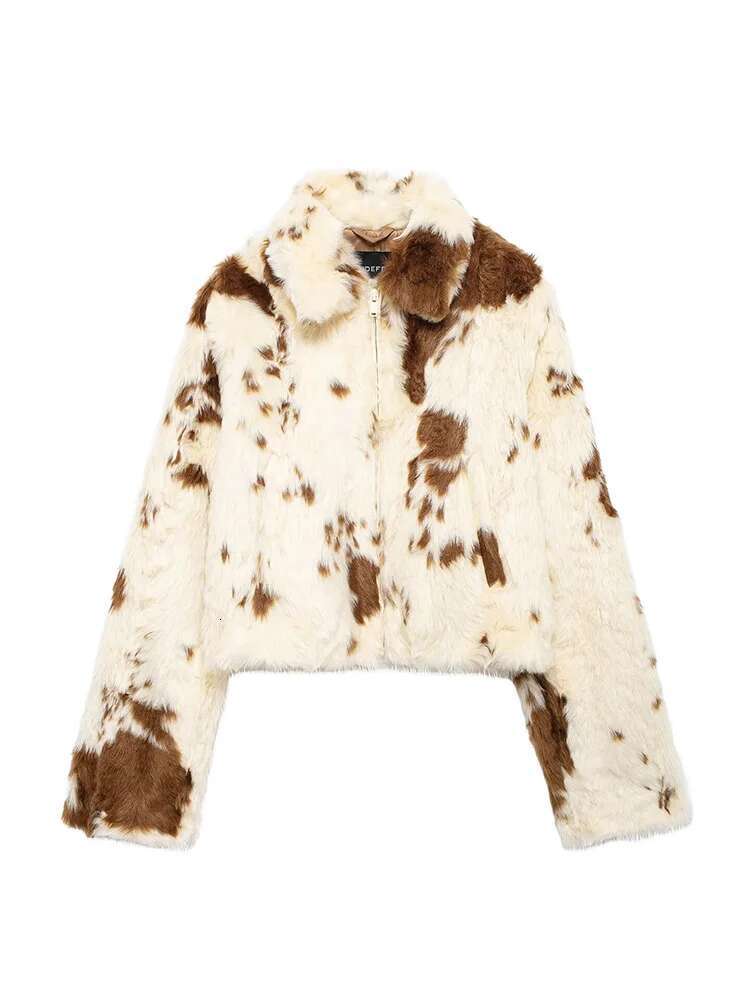 Women Autumn Casual Faux Fur Lapel Crop Jacket Fashion Cow Pattern Fuzzy Long Sleeve Coat Female Chic Zipper Outerwear TRAF