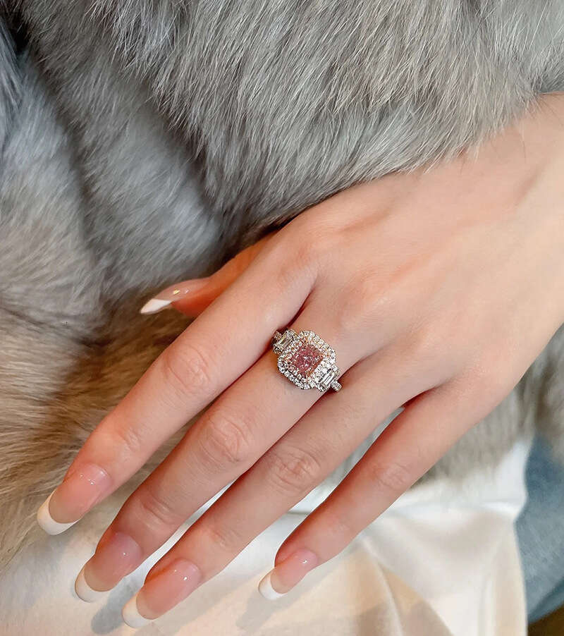 princess luxury ring womens super sparkling micro inlaid square pink diamond premium sense index finger temperament jewelry