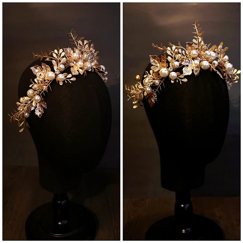 Wedding Hair Accessories Leaf Pearl Headband Gold Color Baroque Vintage Hairband For Bride Women Headpieces Crown Bridal Jewelry 250107