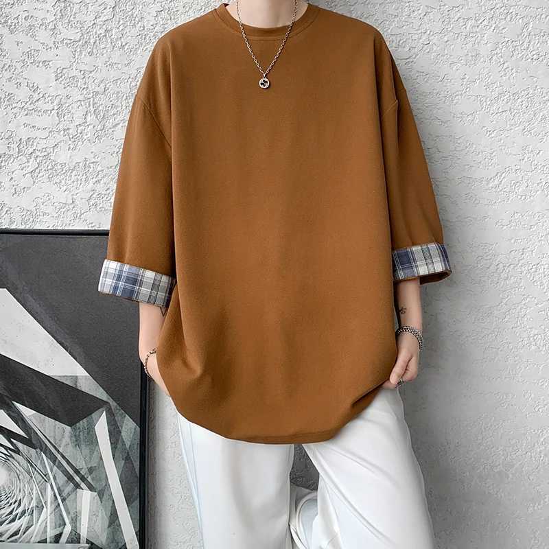 High Quality 8XL-M Spring/Summer Mens Ice Silk T-shirt Womens Extra Large Grid T-shirt Korean Casual Seven Sleeve Mens T-shirt T250108