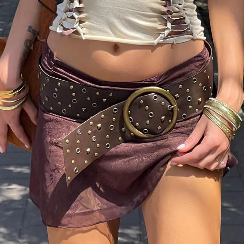Fashion Chic Harajuku Y2K PU Belt Big Metal Round Buckle Vintage Brown Accessories for Women Casual Chic Aesthetic 250107
