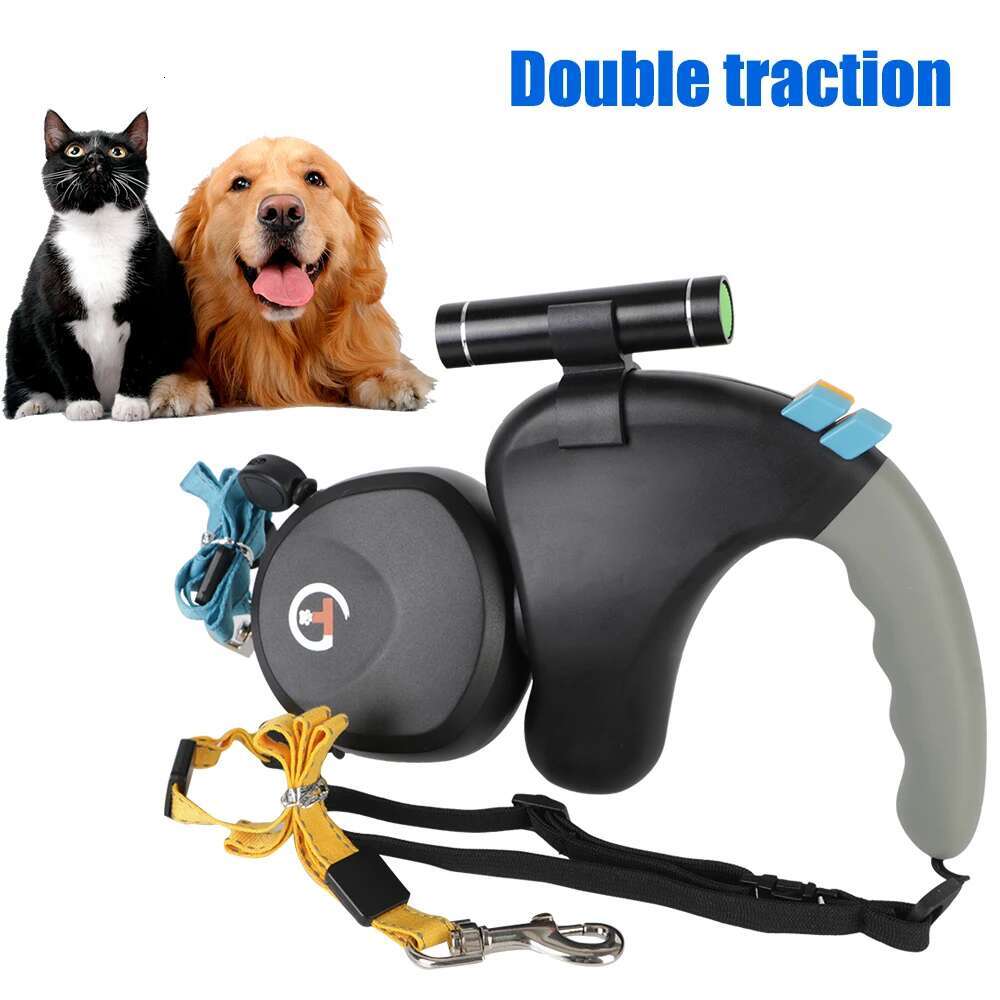 Dual Dog Leash Traction Belt Retractable With Light Double Supplies Rotation Pet Rope For 2 Dogs Walking