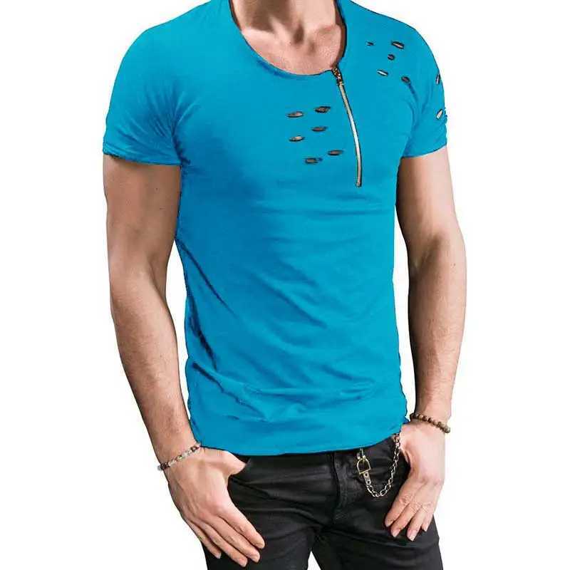 Hole ripped t-shirt mens short sleeved t-shirt fitness summer clothing mens fun solid t-shirt street slimming top M250108