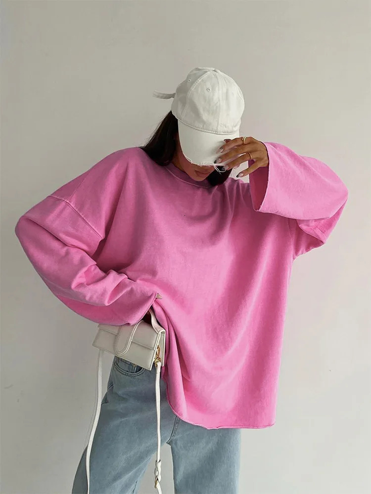 Pink Tee Shirts Streetwear Round Neck Long Sleeve Casual Pullover Tops Women Autumn Thin T-Shirts Lady 250107