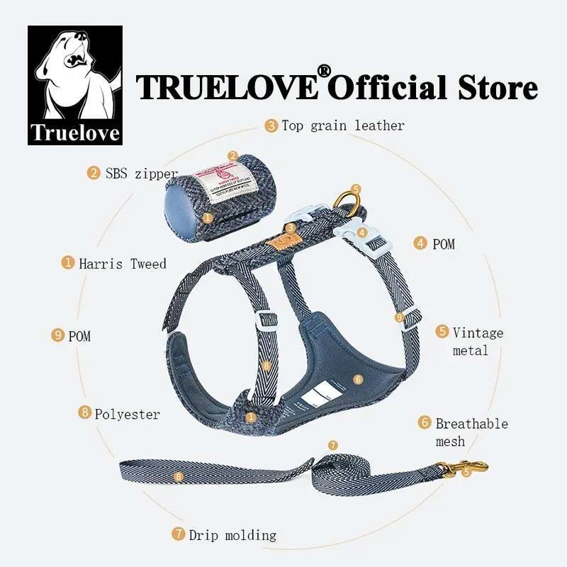 Truelove Pet Leash Set Harris Tweed Fabric No Pull Dog Vest Harness For Walking Training Adjustable Easy Control Tlh2912