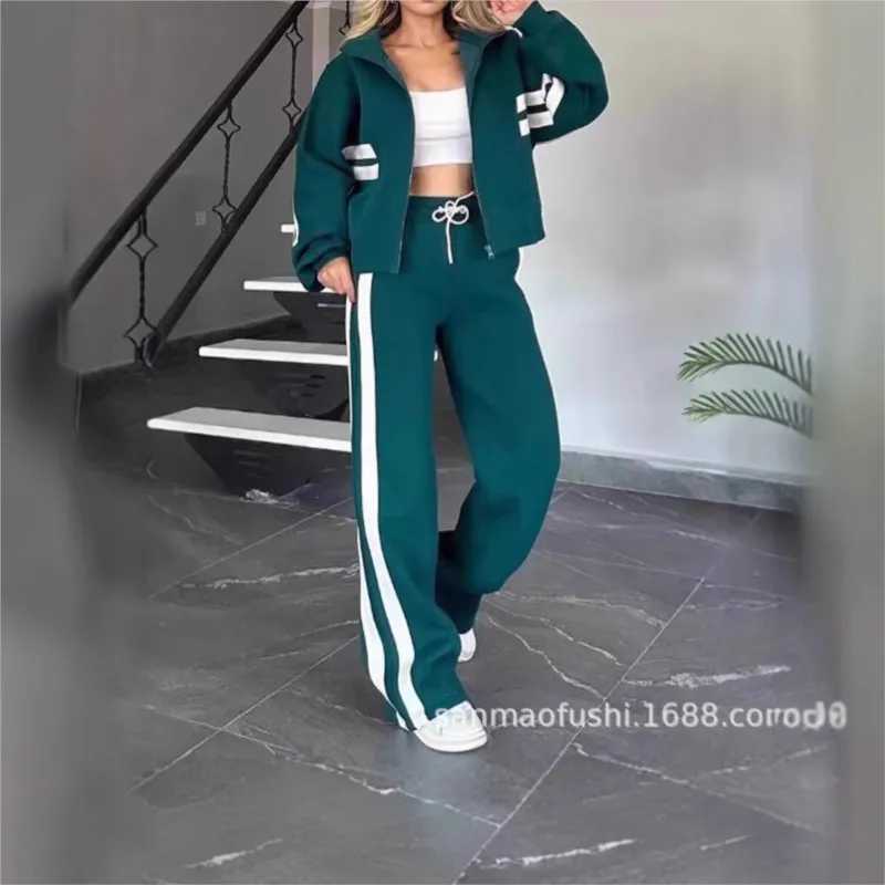 Fashion contrast striped patchwork workwear casual zipper long Sved hoodie lace straight three person walking two-piece set autumn W250108