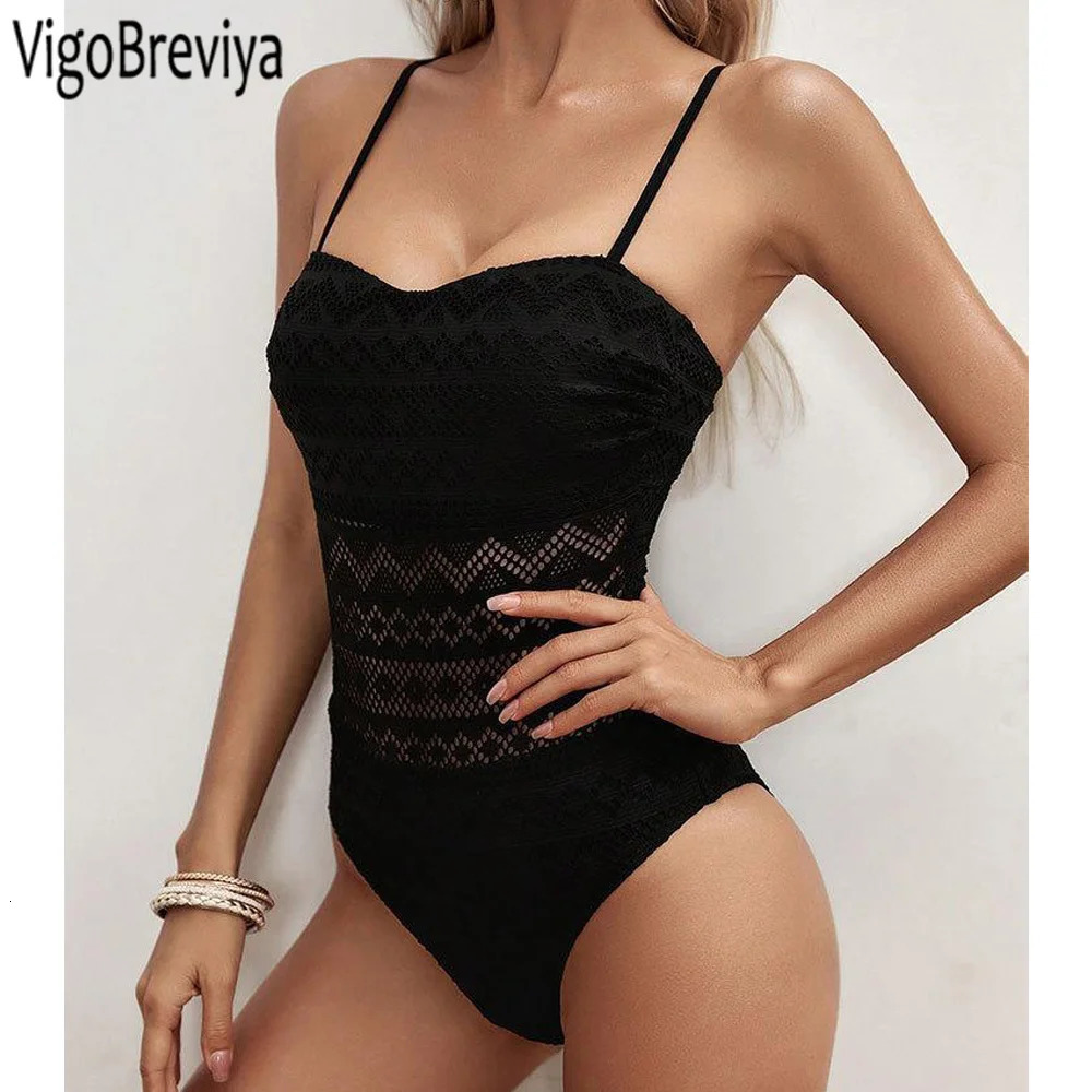 VigoBeviya Sexy Black Strapped Swimwear Women Push UP Lace Hollow One Piece Swimsuit Monokini Backless Summer Bathing Suit 250108
