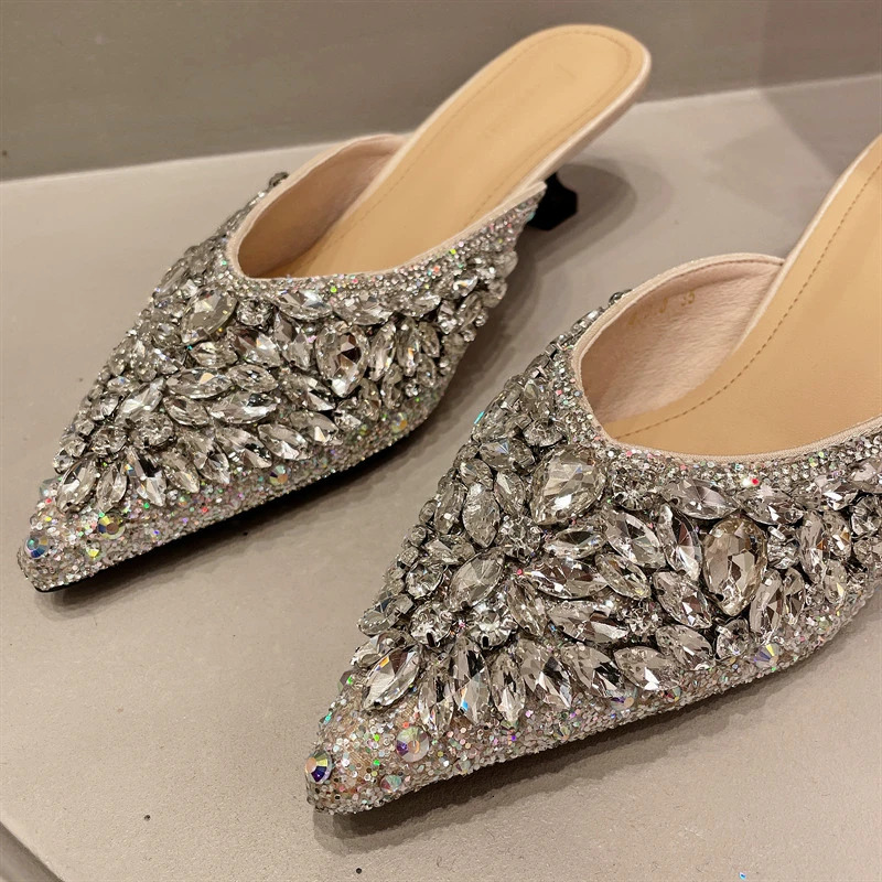 Rhinestone Sandals Women Slingback Slippers Female Fashions Low Heel Flip-flops Shiny Pointed Pumps Women Mule Slippers 250107