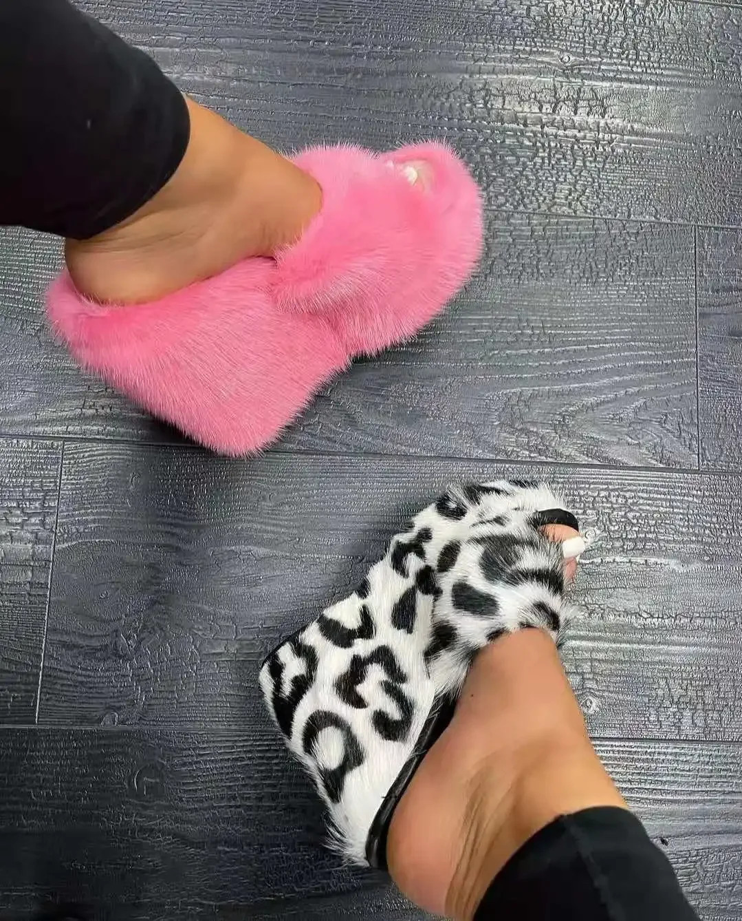women feminine high-heeled fur drag outdoor all-match shoes slippers round head wedges with mink fur slippers 250107
