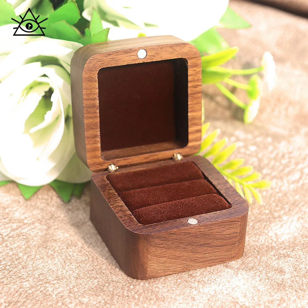 5.5cm Square Engagement Ring Box Black Walnut Wedding Diamond Ring Jewelry Gift 250106