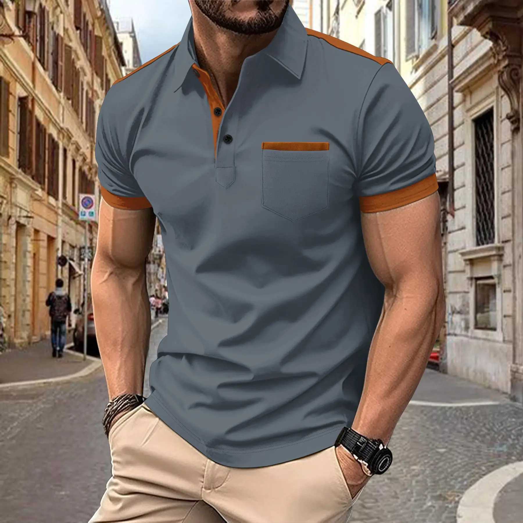 New Cross-border Men Casual POLO Shirt Chest Pocket Lapel Button Stitching Color Matching Versatile T-shirtXJ250108