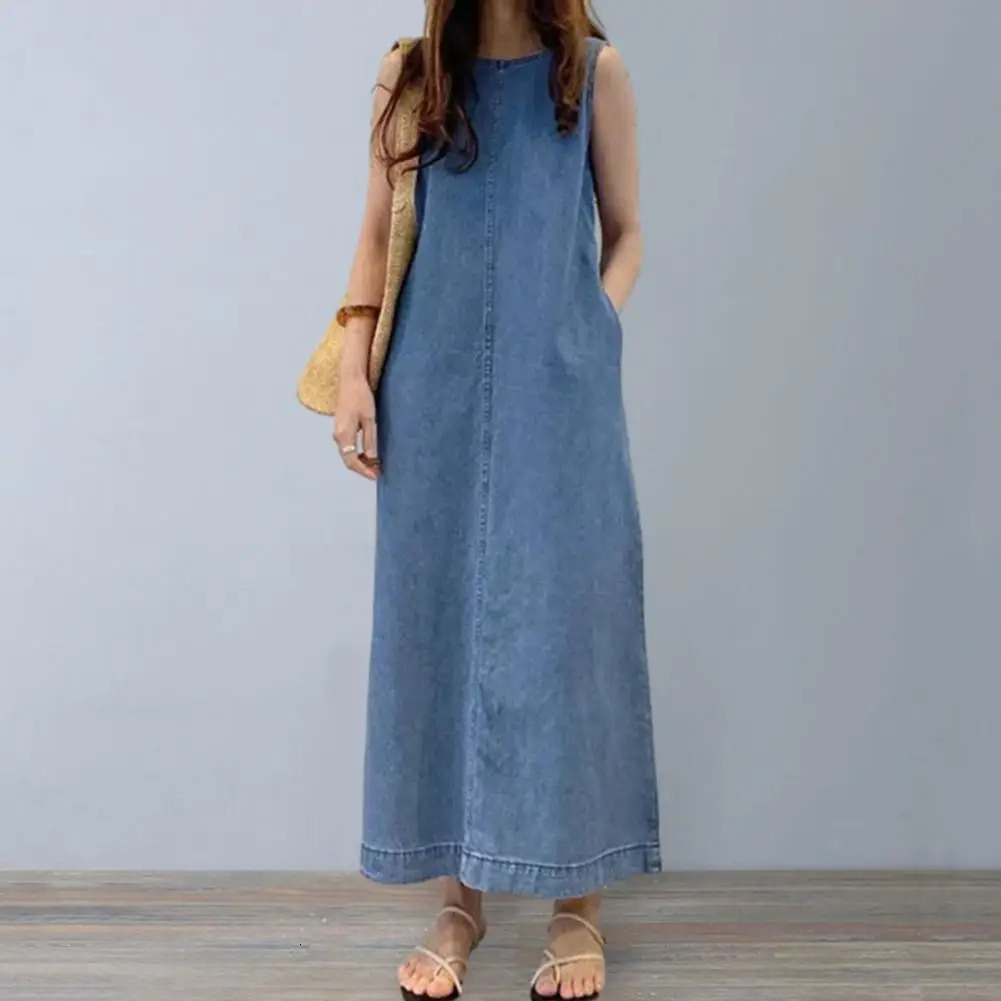 Femme Fashion Casual Loose Long Maxi Sundress Pleated Denim Vestido Sleeveless Robe Women Summer A Line Dress Overszie 250107