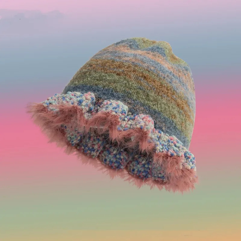 Fashion Colorful Gradient Stripe Woolen Hat Womens Autumn and Winter Cute Handmade Plush Hat Knitted Fisherman Hat 250107