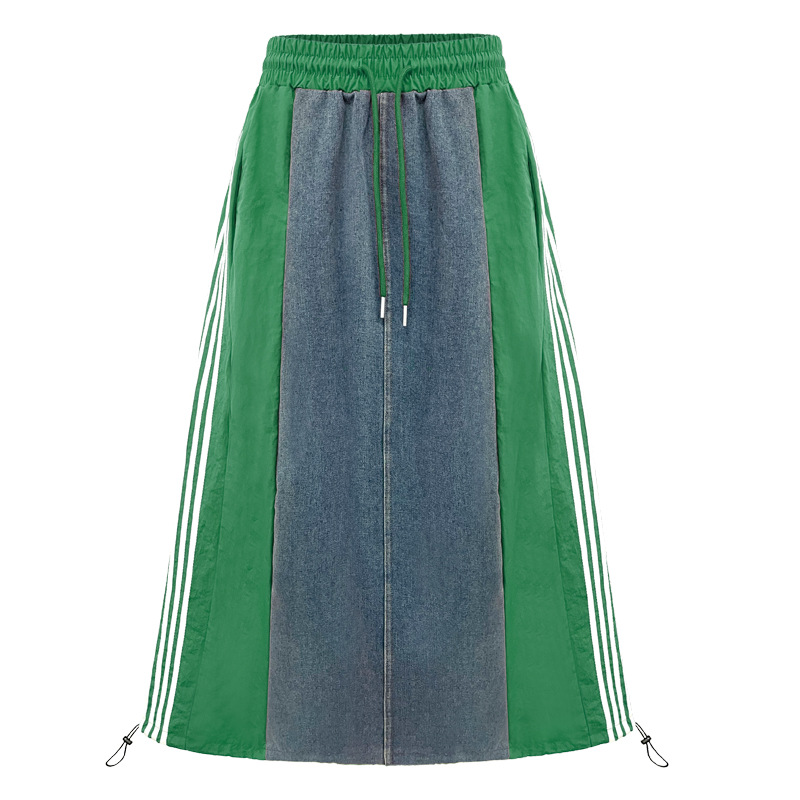 C10798 denim skirt Hong Kong style loose versatile contrast color casual stripes bright line retro nostalgic stitching
