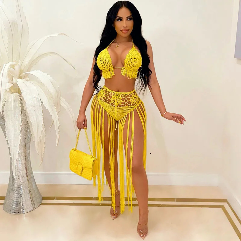 Knitted Bra Top Bikini Set Womens Swimsuit Handemade Crochet Bikini Cover Up Tassel Beach Long Wrap Skirt Holiday Beach Outfit 250108