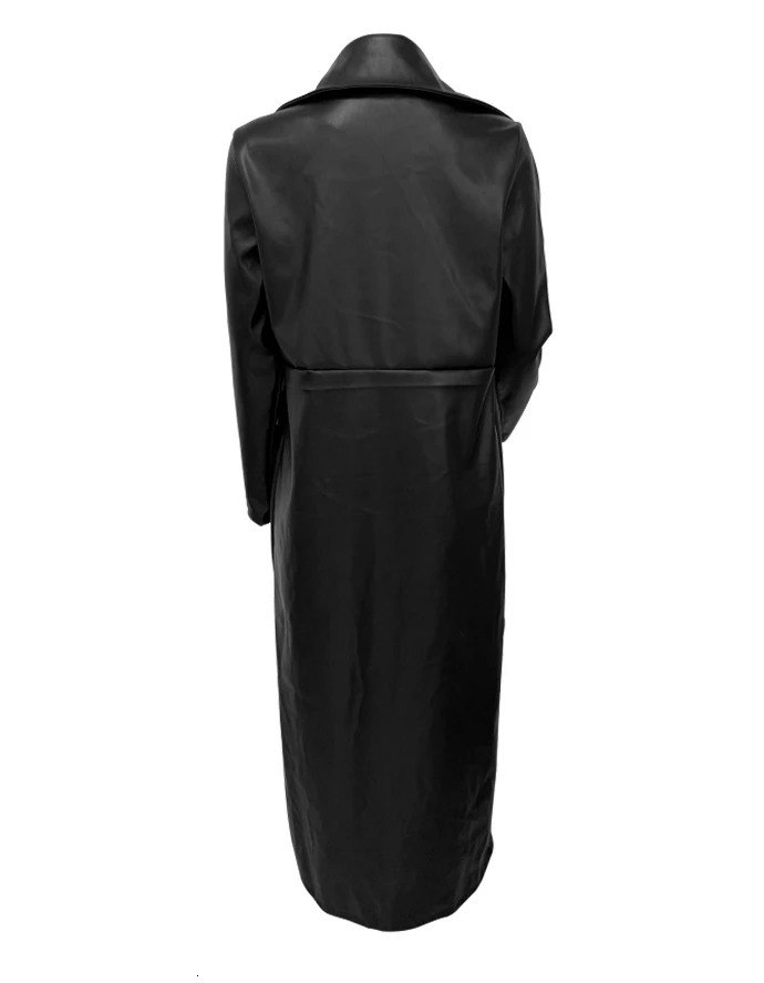 Cardigan lapel button up versatile warm trendy long leather jacket 250103