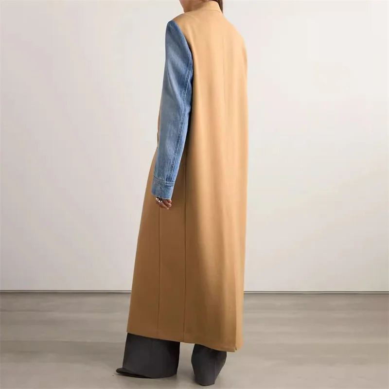 womens trench coat 2024 winter denim contrasting splicing Windbreaker wool blend Double breasted slim fit long women 250103