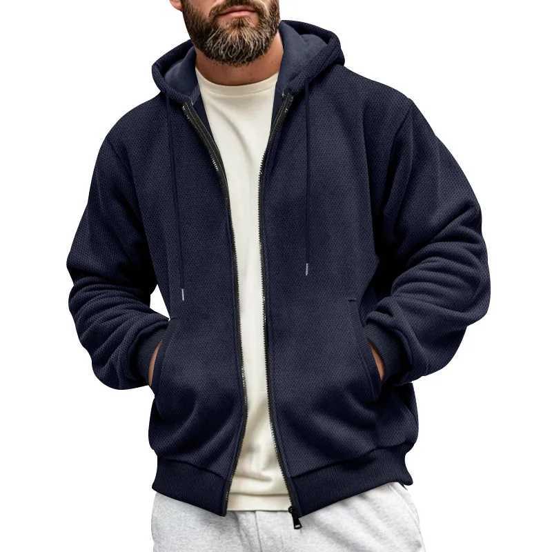 New mens sweater jacket for autumn and winter composite velvet zipper cardigan casual hooded sweater fashionable mens clothing W250108