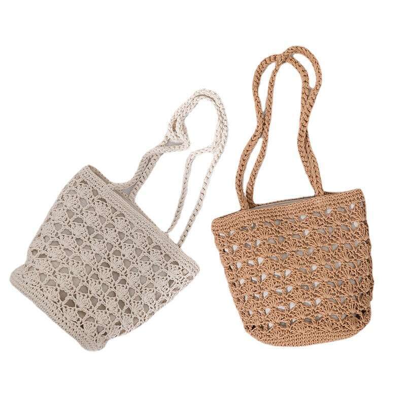 Korean Version Hollowed Out Cotton Thread Handmade With Chi Style Temperament, One Shoulder Portable Grass Woven Bag, Seaside Vacation Beach Bag