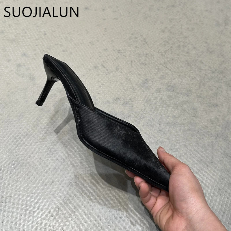 SUOJIALUN 2024 Spring Women Slipper Fashion Pointed To Shallow Slip On Mules Shoes Thin High Heel Ladies Elegant Sandals 250107