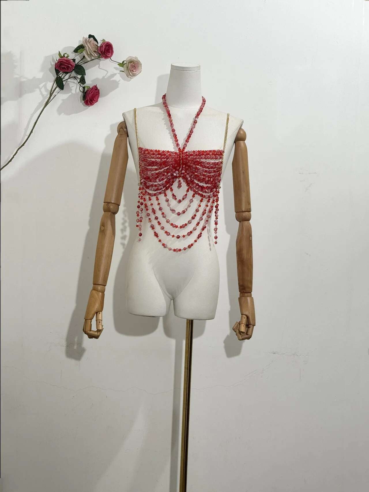 H80&S90 Sexy Women Handmade Body Chain Fashion Jewelry Bikini Bra Beaded Halter Romantic Tank Top Beahwear See Through Geie