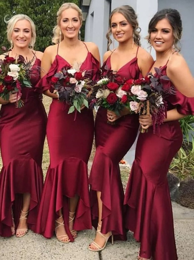 Vintage Burgundy Spaghetti Mermaid Bridesmaid Dresses Off Shoulder Hi-Lo Formal Prom Evening Gown Long Miad Of Honor Dresses 0108