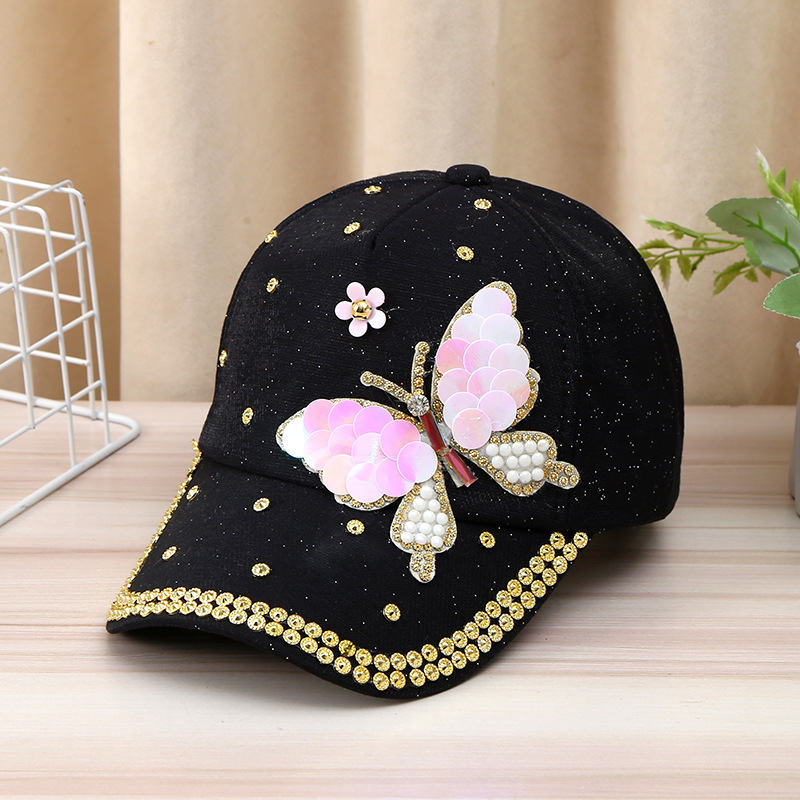 Korean version of the fashion tide hundred hats female butterfly rhinestone with diamond duck tongue cap ladies fashionable sunscreen sun-shading base