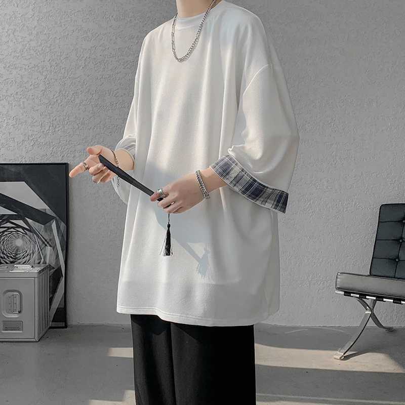 High Quality 8XL-M Spring/Summer Mens Ice Silk T-shirt Womens Extra Large Grid T-shirt Korean Casual Seven Sleeve Mens T-shirt T250108