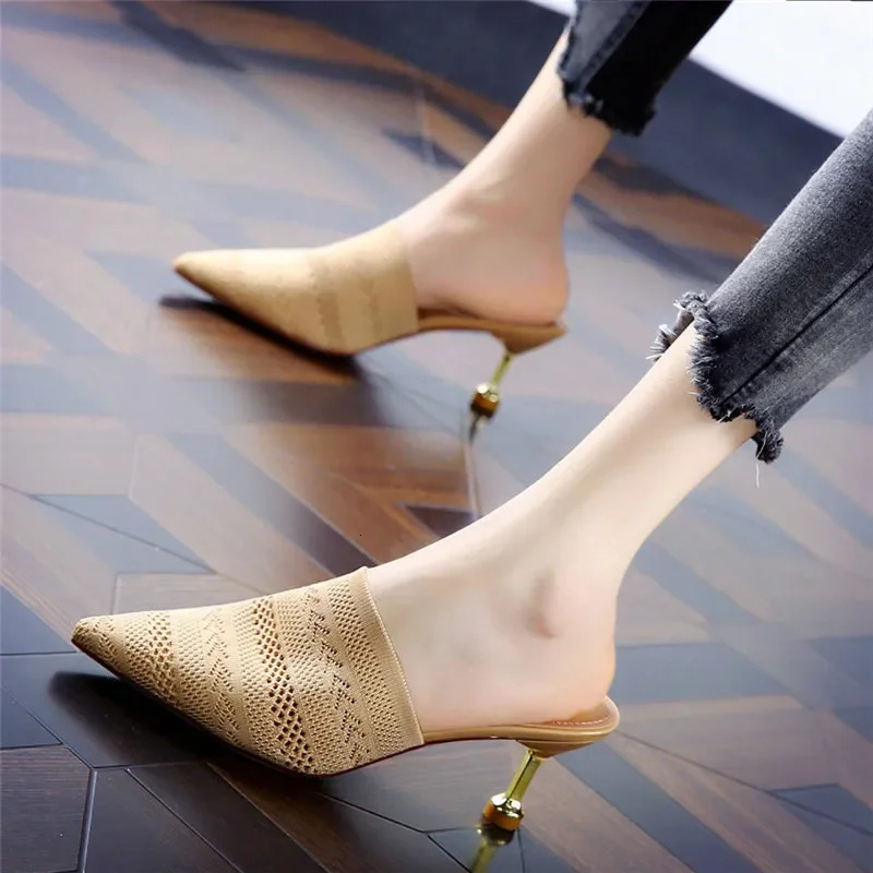 Knit Mesh Breathable Slippers High Heels Mules Women Summer Shoes Pointed Toe Party Ladies Shoes Pantuflas De Mujer Zapatos 250107