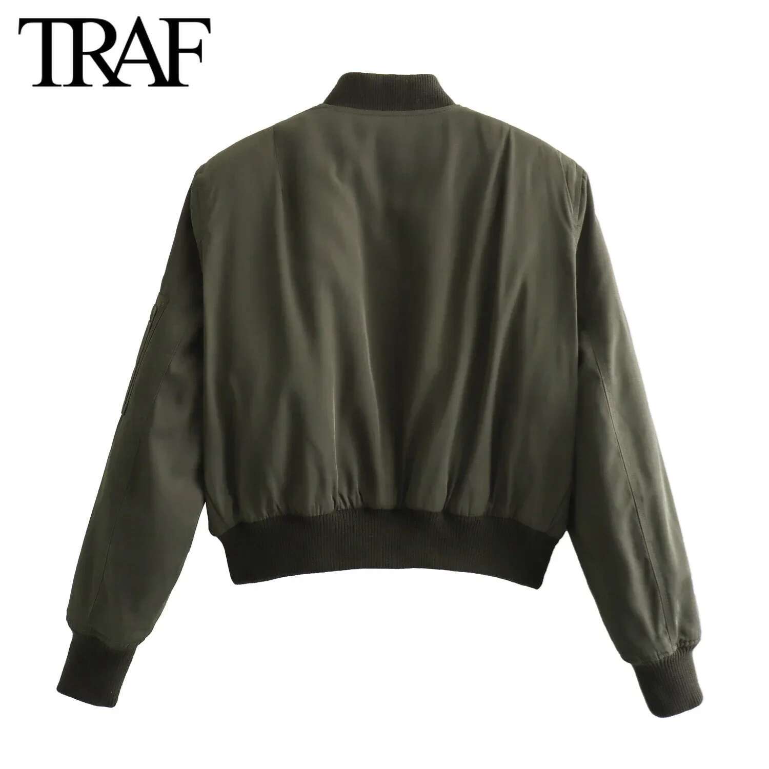 TRAF Women Fashion Autumn Winter New Pocket Solid Pilot Jacket Long-Sleeved Zip Stand Collar Short Coats Chic Female Tops