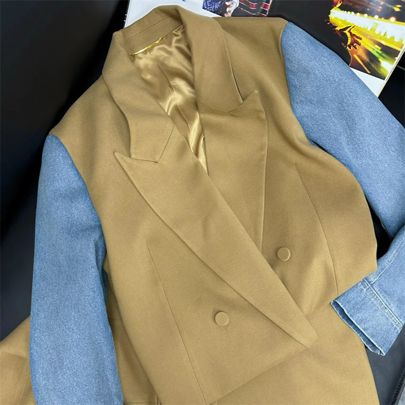 womens trench coat 2024 winter denim contrasting splicing Windbreaker wool blend Double breasted slim fit long women 250103