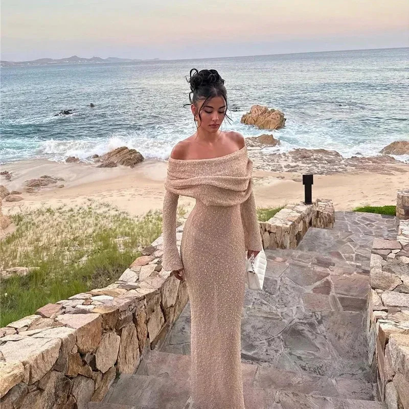 Y2k Hollow Out Strapless Knit Sexy Maxi Dress For Women Off-shoulder Backless Long Sleeve Beach Holiday Long Dress 2024 250107