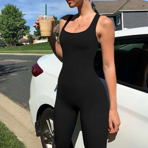 Women's Solid Color Sleeveless Vest With Threaded Square Neck, Backless, Buttocks Lifting, Slim Fit Sports Jumpsuit