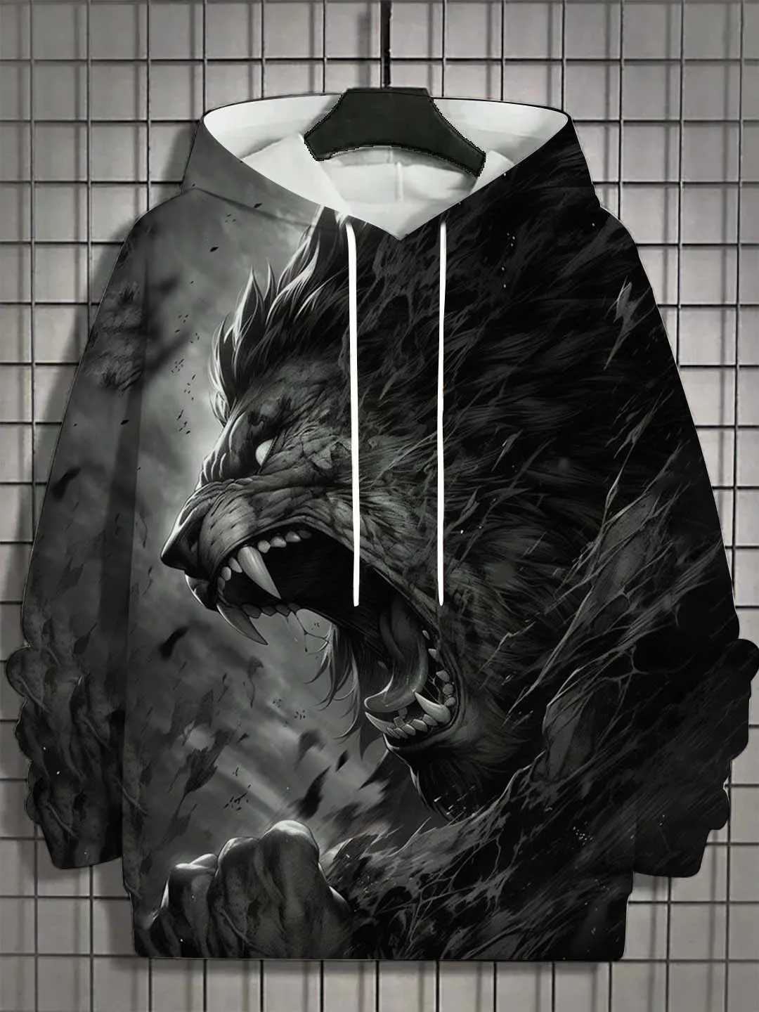 Mens 3D printed animal lion graphic long sleeved hooded sweatshirt fashionable and casual autumn new unisex top super large hooded sweatshirt W250108