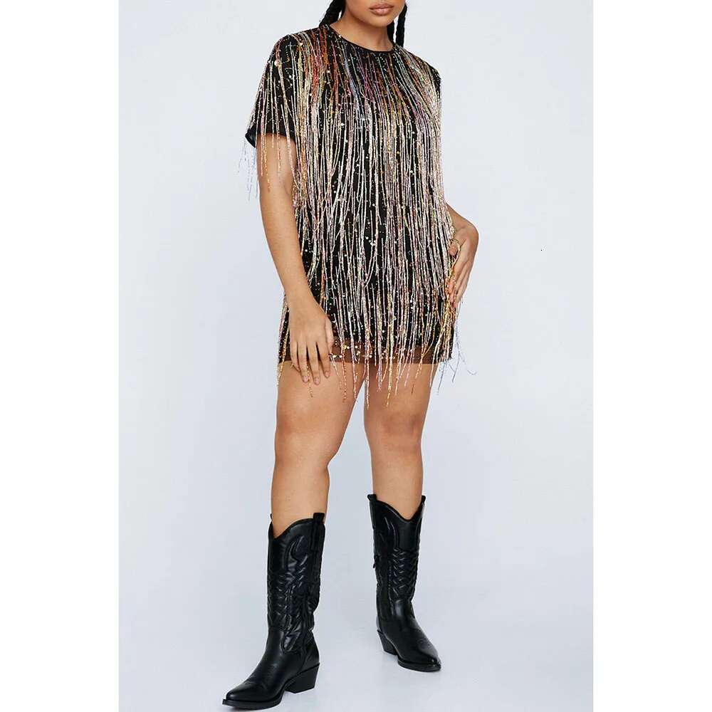 Plus Size Multicolor Party Fringe Mesh Short Sleeves Mini Dresses