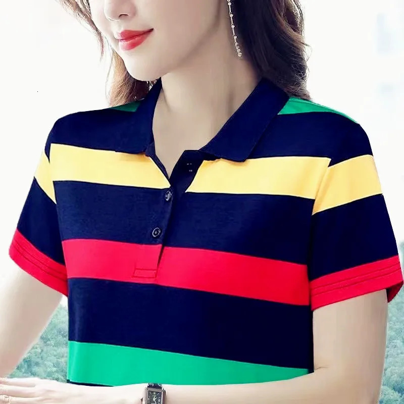 2024 Women Summer Tops Strip Tees Sexy Vintage Short Sleeve 5XL Polo T Shirts Loose Casual Befree Boho Tees 250107