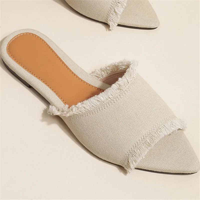 Shoes Slippers Flat Slides Low Slipers Women er 2024 Fashion Cotton Fabric PU Hoof Heels Rubber Sewing Shoes Woman 250107