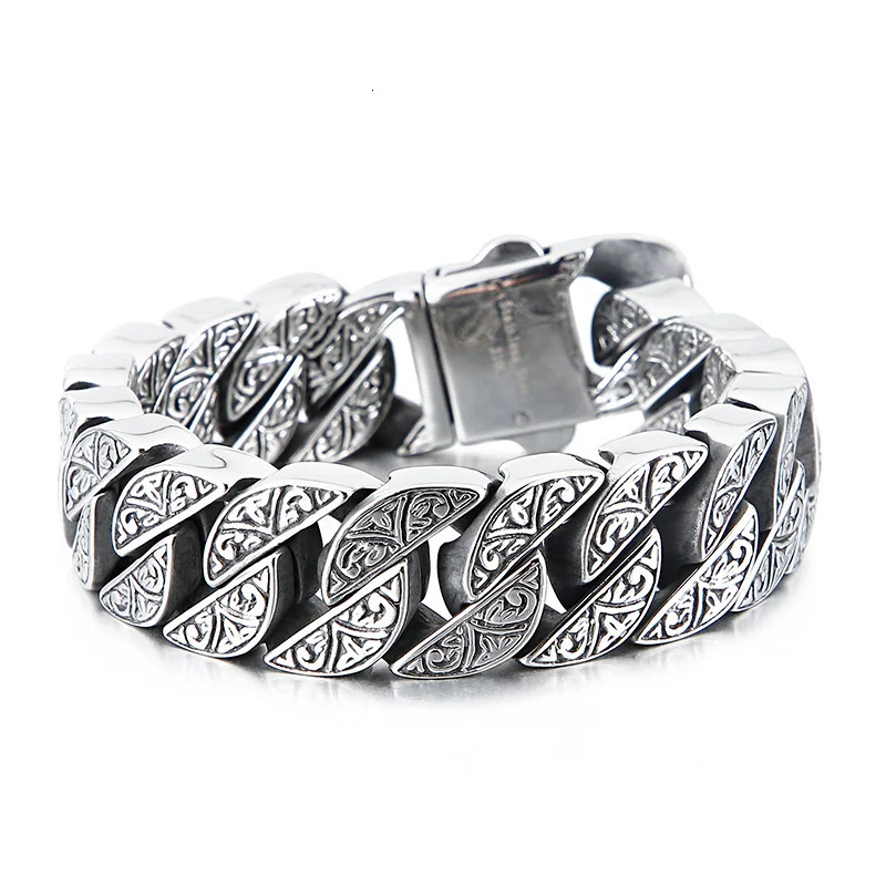 Fongten Vintage Bracelet For Men Carving Cuban Chain Stainless Steel Mens Bracelets Bangle Viking Gold Silver Color Jewelry 250107