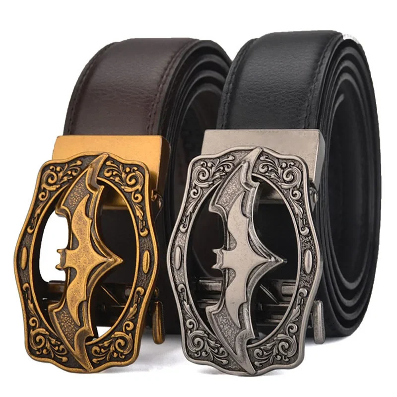 Retro Bat Silver Gold Mens Automatic Buckle Leather Plus Size Large 130 140 160 170cm Brown Black Belt 250107