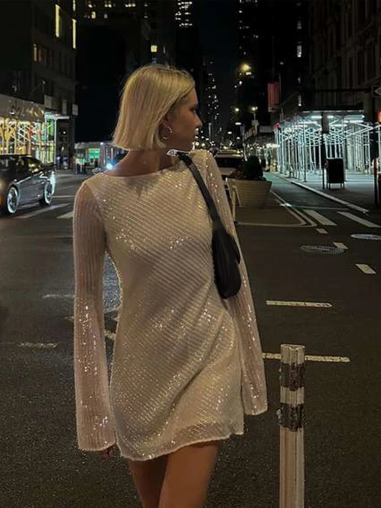 Elegant Backless Sequins Mini Dress For Women Sexy Long Flare Sleeve Sparkly Women Party Dresses Y2K Evening Party Chic Vestidos 250107