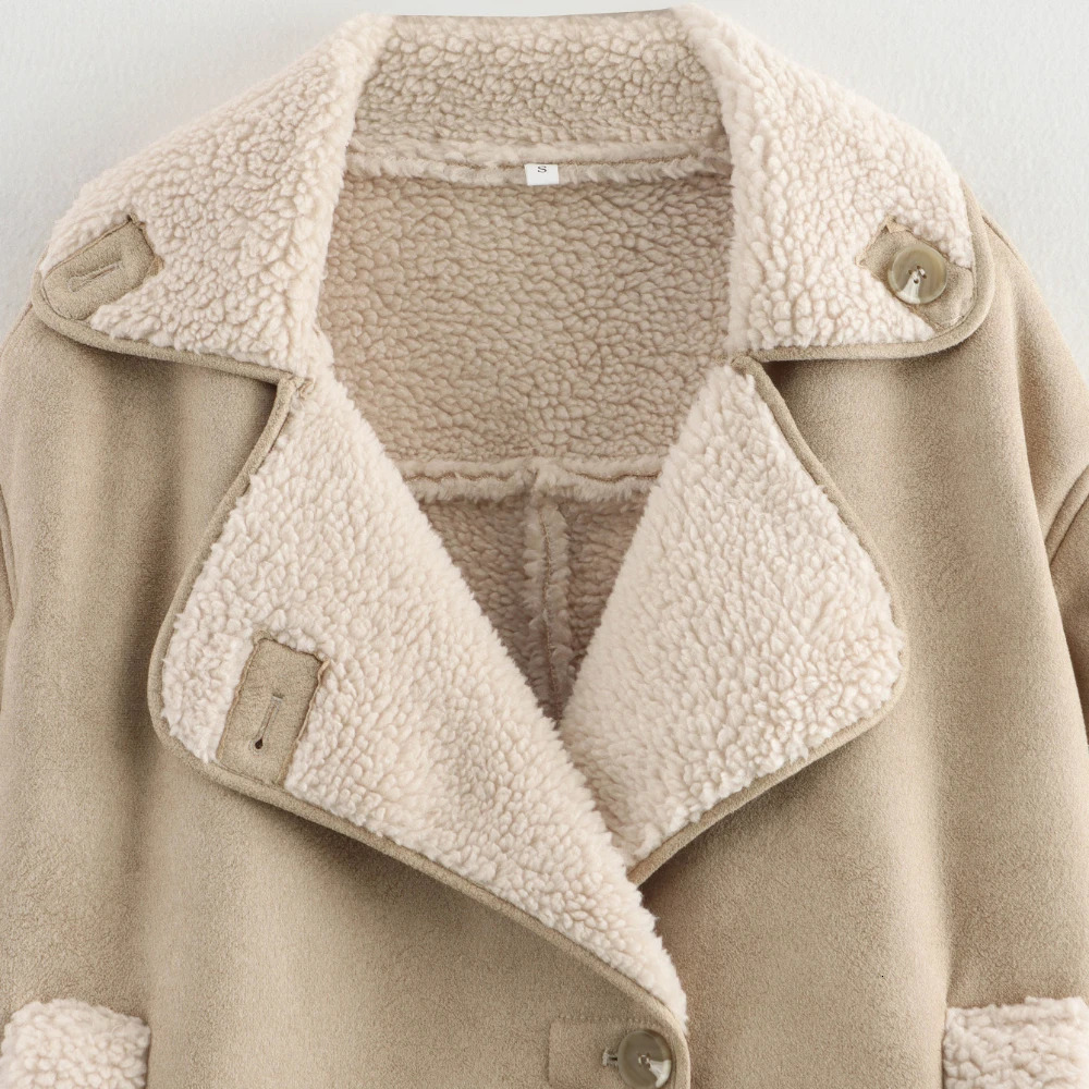 2025 Fleeced Faux Leather Jacket Women Outerwears Vintage Cold Wool Blends Coats For Woman Autumn Winter Plush 250103