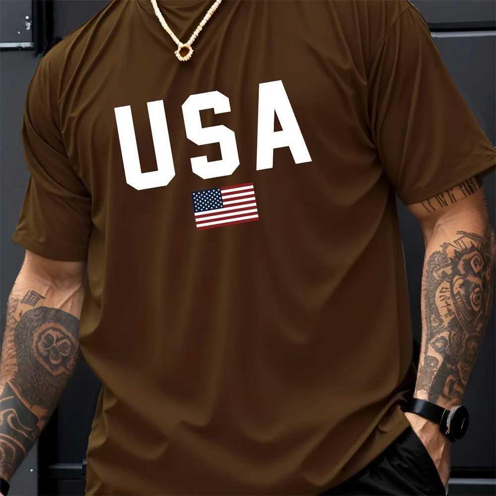 Mens Summer Crew Collar Letter Pattern Short Sleeve T-shirt - Breathable Polyester Fabric Slightly Stretching Regular Fit Casual M250410