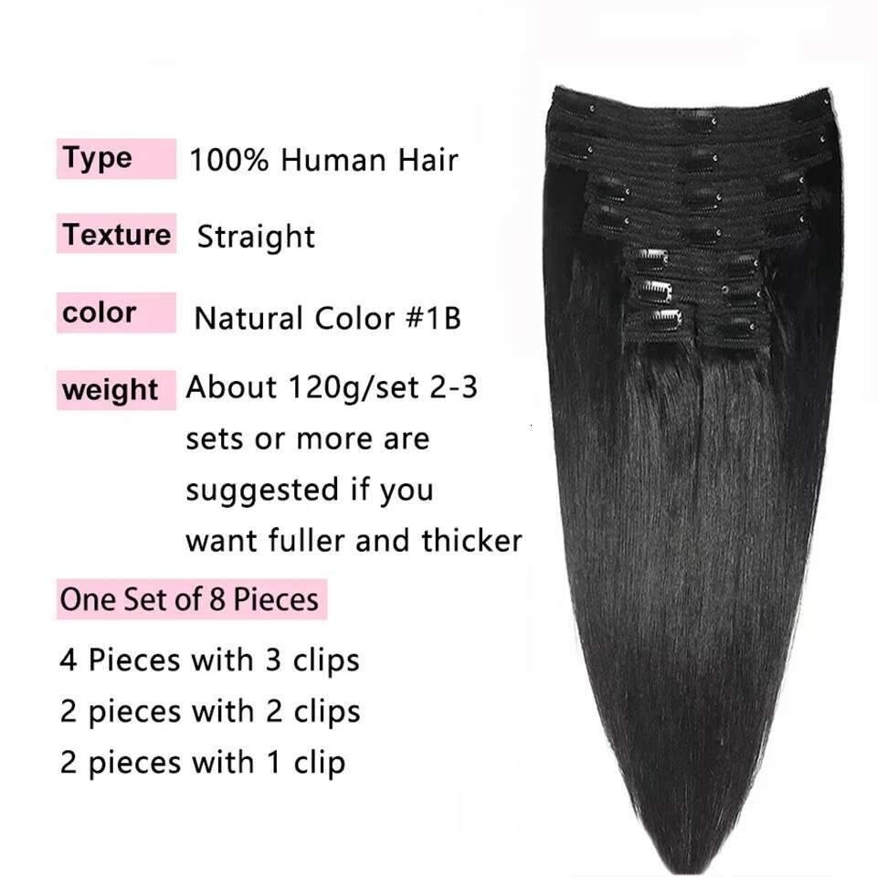 Human Brazilian Straight In Natural Black Color Clip Ins Remy Hair 20 22 24 26 Inch 4# Women