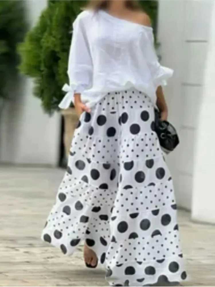 2-piece womens shoulder top with polka dot printed wide leg pants matching set fashionable womens 2024 set W250108