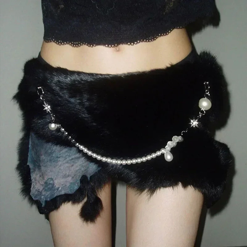 Sexy Rabbit Fur Belt Pearl Chain Y2K Furry Belt Vintage Cow Belts Gothic Punk Star Waistband HipHop Waistband Jeans Pants 250107