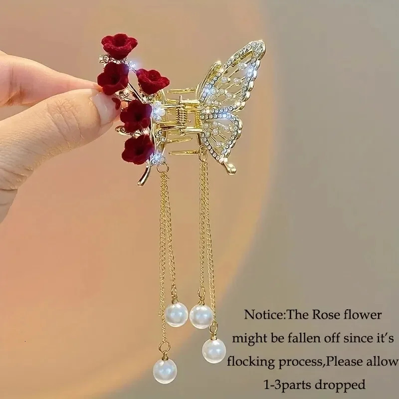 1pc Faux Pearl Tassel Hair Claw Clip Red Rose Jaw Clips Metal Shark Clips For Women Girls Hair Styling Accessories 250103