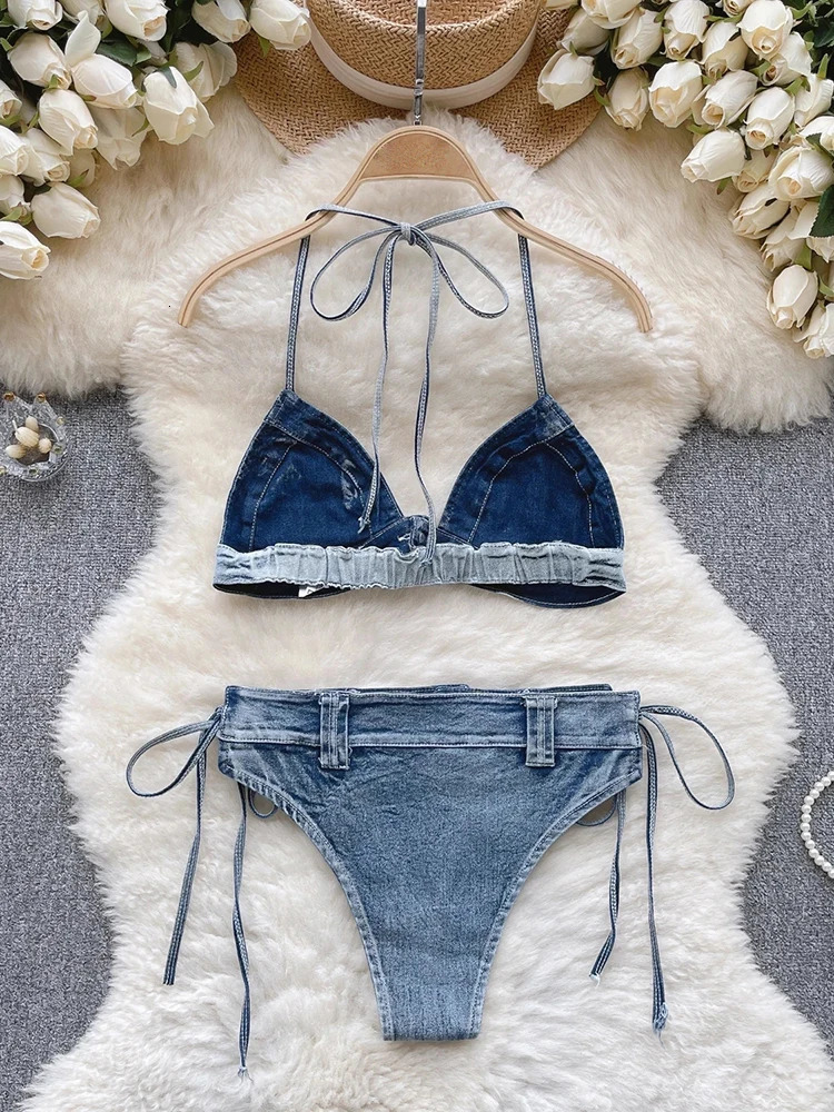 OIINAA Swimwear Women Sexy Blue Denim Bikini Set Halter Drawstring Beachwear Lace Up Two-pieces Summer 2024 Solid Bathing Suit 250107