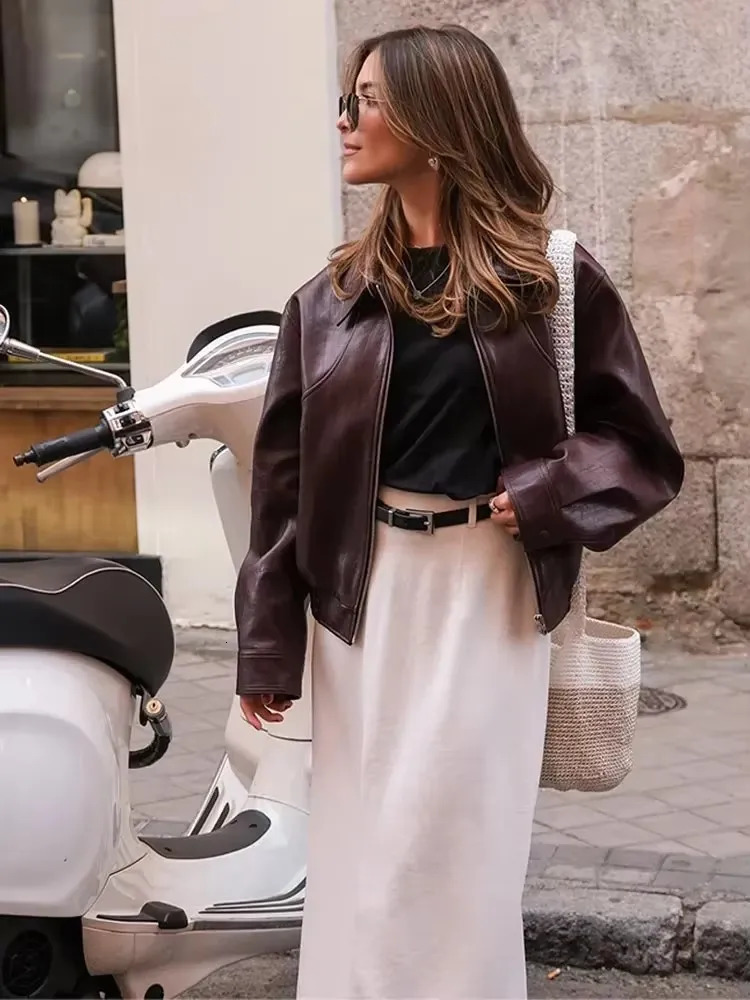 Fashion Burgundy Red Pu Leather Jacket Women Lapel Zipper Long Sleeve Short Coats Lady Winter Autumen Moto Biker Outerwear 250102