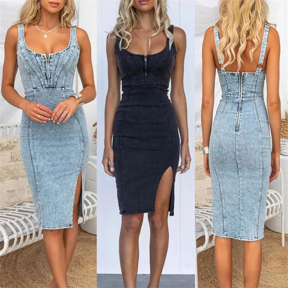 Summer U Neck Halter Denim For Womens Dresses Fashion Slim Fit Wrap Hip Retro Female Party Sexy Split Sleeveless Dresses 250107
